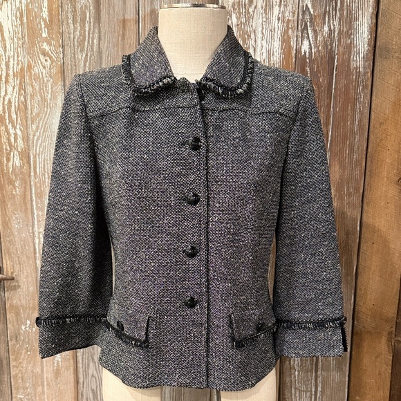 St. John Collection Jackets & Blazers - St. JOHN COLLECTION 10 Black White Tweed 3/4 Sleeve Metallic Fringe Trim Jacket